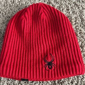Spyder Fleece Lined Red Knit Beanie with Spider Embroidery